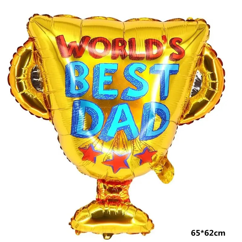A shiny gold foil trophy-shaped balloon with red and blue world s best dad lettering and three red stars from the Mom Dad Crown Balloon Tower.