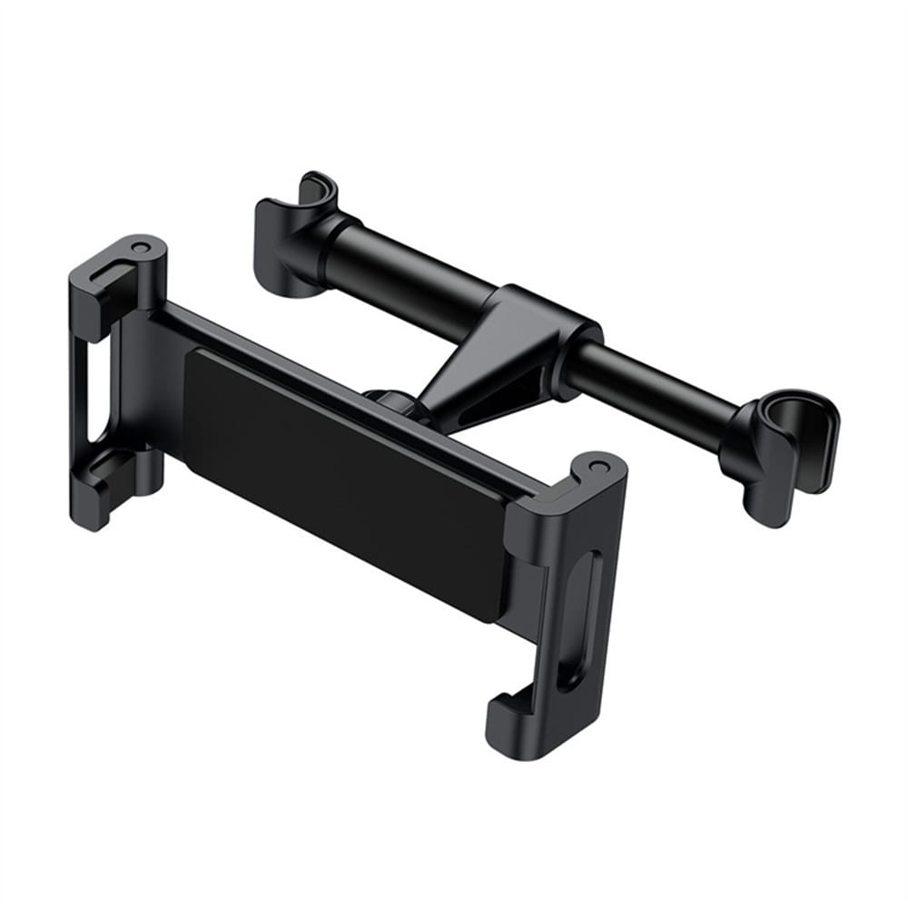 Schwarze Tablet-Kopfstützenhalterung aus Kunststoff für das Auto mit verstellbaren Armen und Clip-on-Design für Geräte von 4,7 bis 13 Zoll, dargestellt von der Rückseite