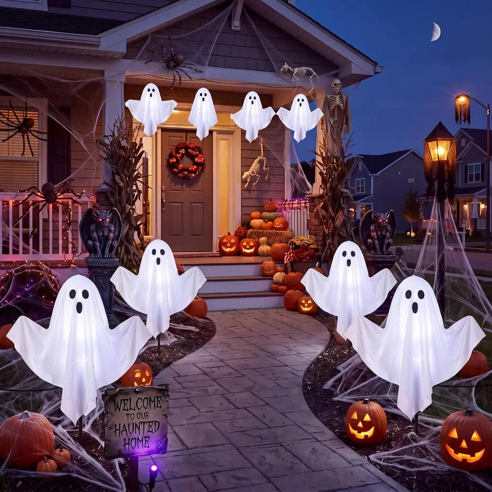 white translucent inflatable halloween ghost pathway lights with black eye and mouth cutouts for outdoor plug in ghost lights decor