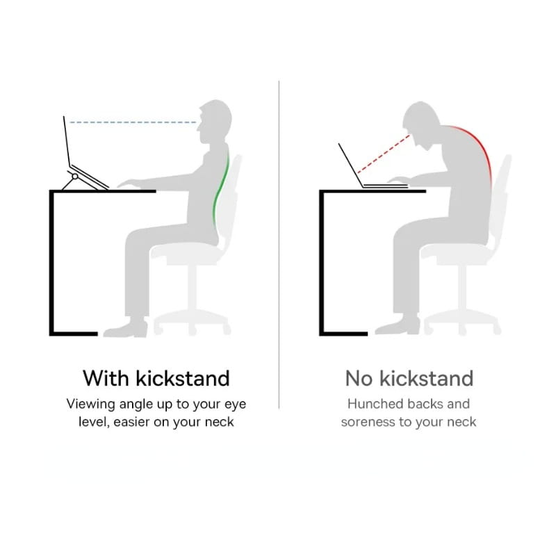 das Bild veranschaulicht zwei ergonomische Aufstellungen zur Computernutzung und vergleicht einen tragbaren Mini-Aluminium-Laptopständer zur Notebook-Unterstützung in Silber mit einem verstellbaren Aufsteller gegenüber einer Aufstellung ohne Aufsteller.