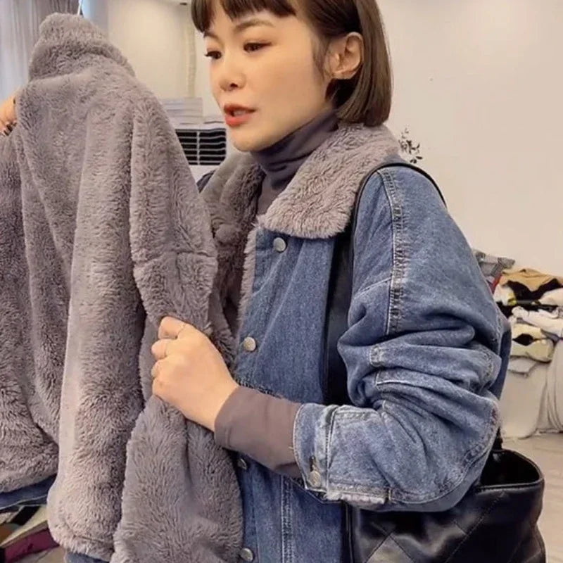 Woman Jean Coat Wool Inside Warm Denim Jacket for Women Outerwear with Fur Plush Patchwork Winter 2025 Cold Blue Padded Harajuku