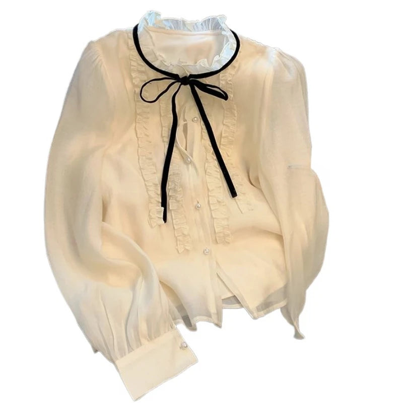 French Chic Design Shirts Lace Bow Tie Women Blouses High-end Spring Autumn Long Sleeve Tops Single-breasted Office Lady Shirt