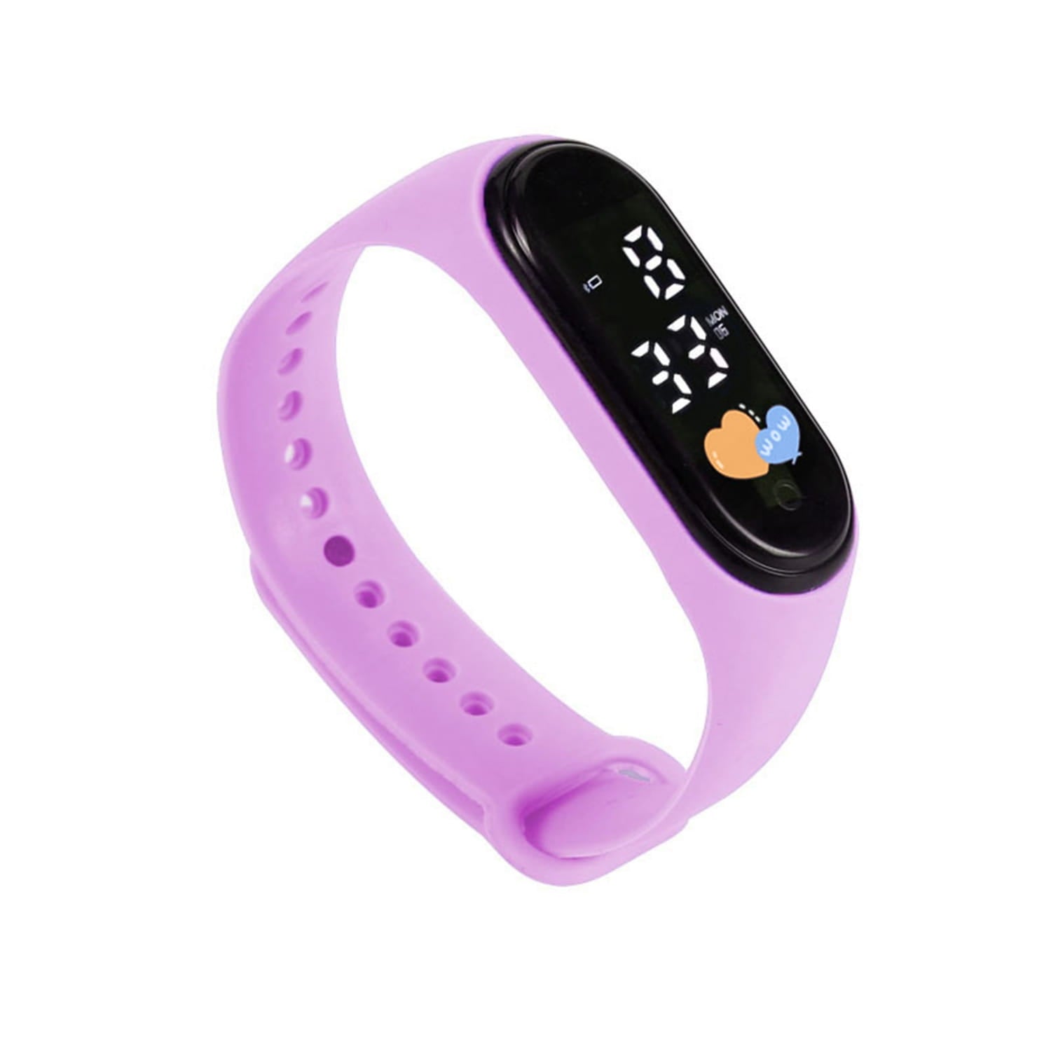 Purple silicone kids led digital sports watch with a black digital display showing time and cute heart icons and a waterproof silicone band.