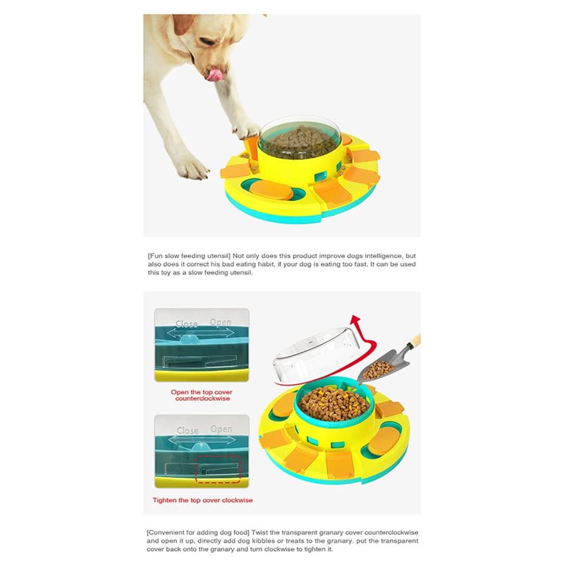 Bright yellow and teal plastic slow feeder dog puzzle with orange puzzle-like slots for controlled mealtime as a dry food feeder dispenser.