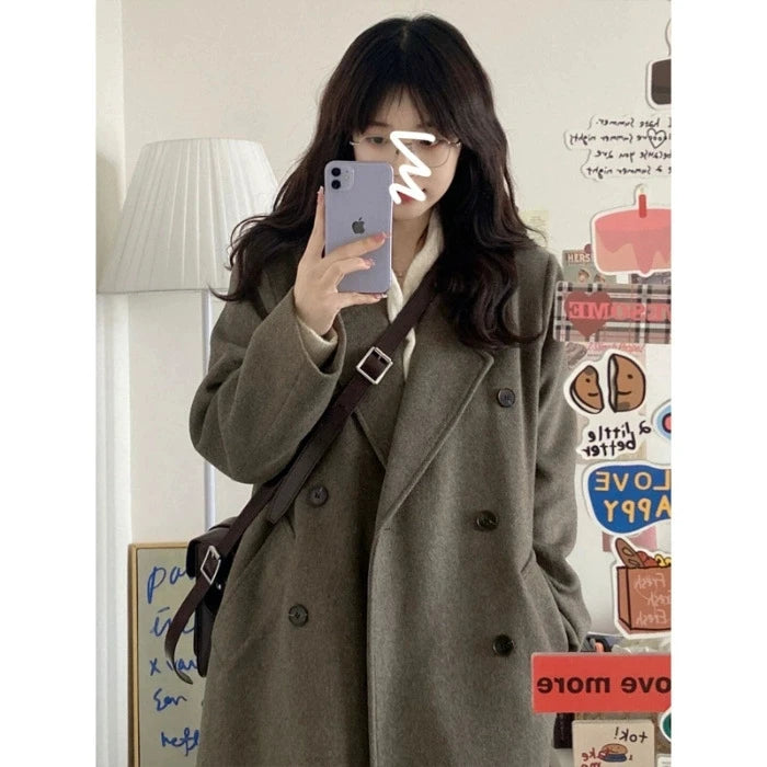 Women Elegant Midi Wool Blends Coat Korean Thicken Long Bandage Jackets Oversized Lace Up Outwear White Cardigan Woolen Overcoat