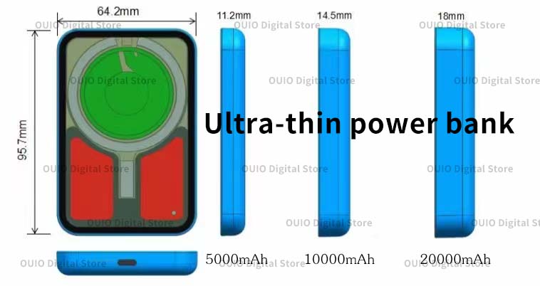 Blue ultra-thin magnetic power bank with green and red circular design offering 5000mah, 10000mah, or 20000mah capacities and fast charging with magnetic suction.