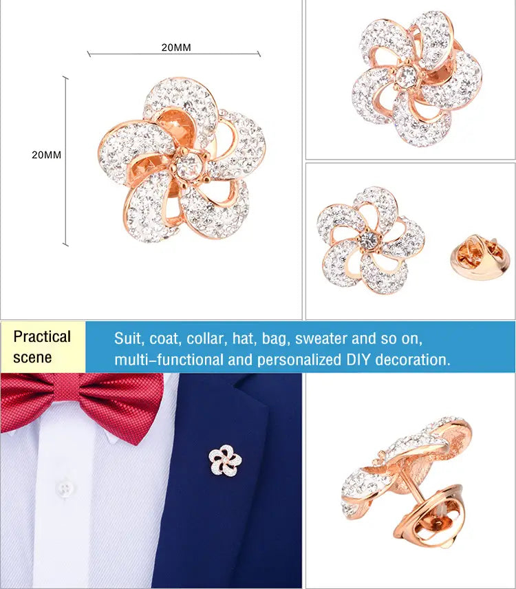 A sparkling rose gold flower-shaped lapel pin suit brooch adorned with clear crystals and a central diamond.