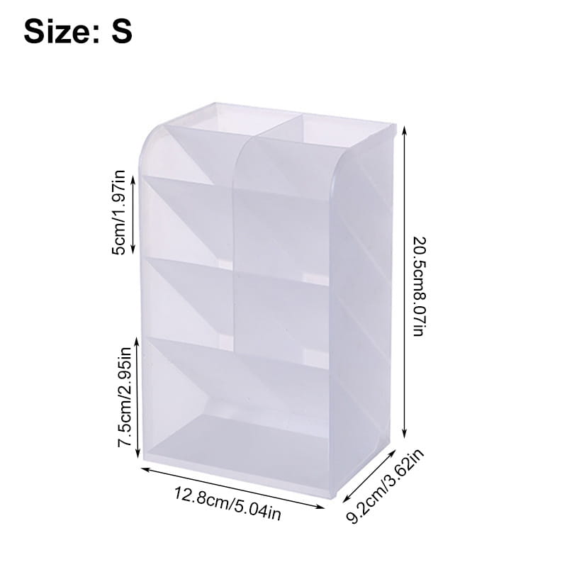 Clear plastic pen holder desktop stationery organizer with three tiered transparent compartments and rounded top edges.