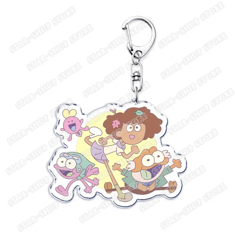 Clear acrylic Amphibia anime keychain featuring colorful cartoon characters from the amazing world of gumball with a silver metal clasp.