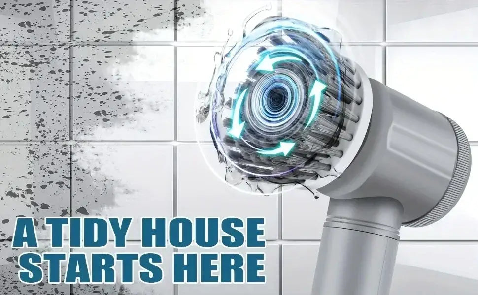 Silver handheld electric spin scrubber with rotating brush head and blue glowing motion effect visible from the front angle