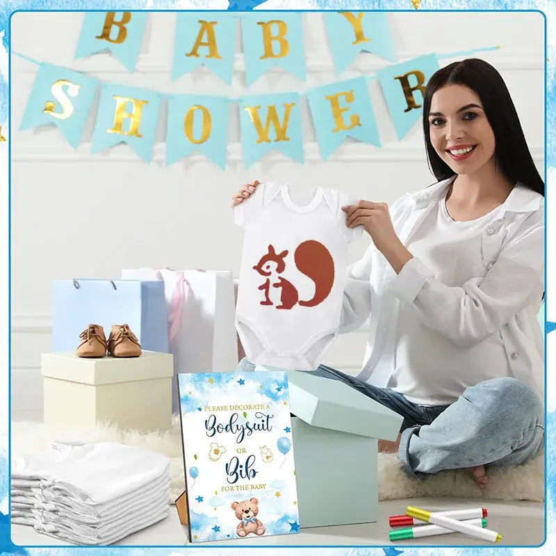 White baby onesie made of soft cotton featuring a brown squirrel design from the Diy Baby Shower Bib and Bodysuit Decorating Kit.