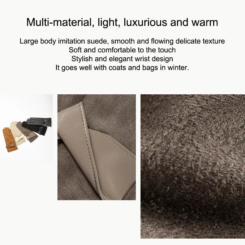 Guantes de invierno para mujer con pantalla táctil color beige, confeccionados con ante sintético de múltiples materiales, con una textura lisa y fluida y un diseño elegante para la muñeca.