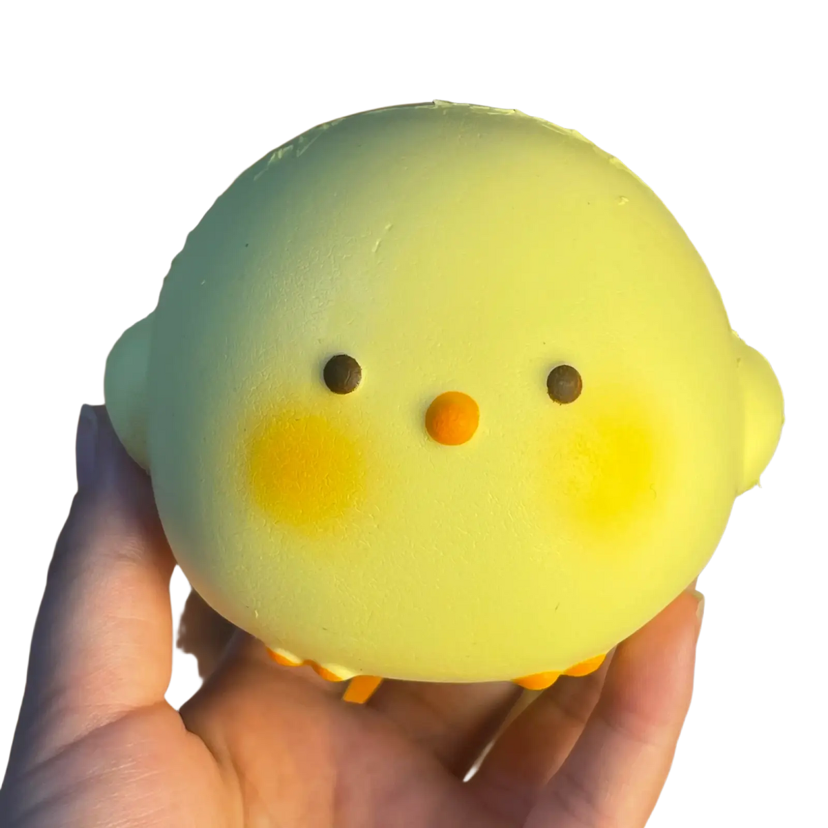 A soft pale yellow chick-shaped giant chicken squishy toy with tiny black eyes and an orange beak for stress relief
