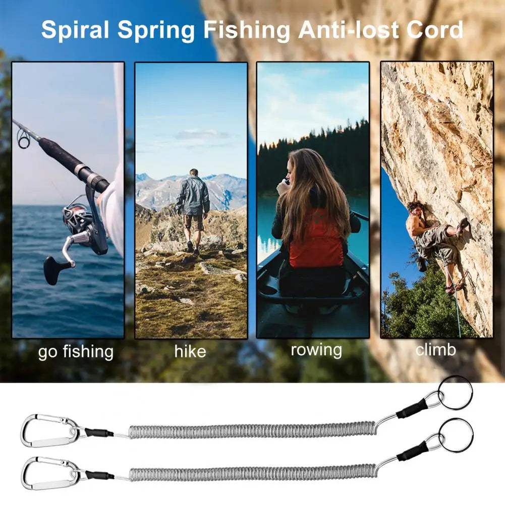 Silver spiral spring retractable coiled lanyard keychain with black plastic connectors and metal carabiners for fishing anti-lost use.
