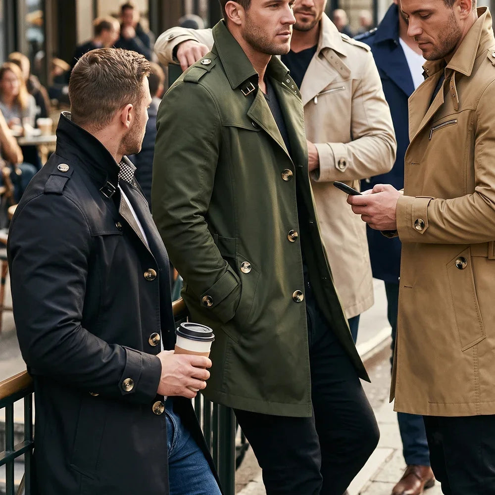 Men's Trench Coat Business Casual Lapel Windbreaker Mid Length Slim Fit Jacket Metal Button Overcoat Outdoor Commuter Outerwear