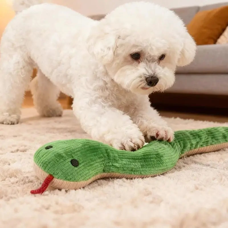 黒い目と赤い舌を備えた緑のコーデュロイのヘビの犬おもちゃ。ぬいぐるみ素材で作られたペット玩具として設計されています。