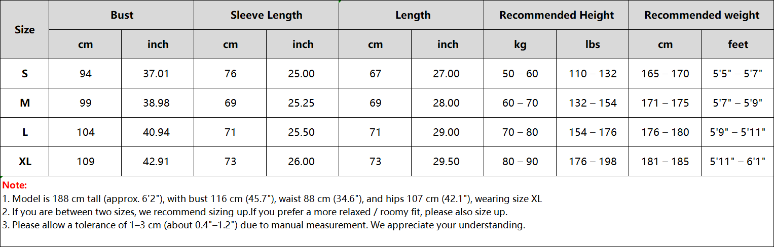 The image displays a size chart in centimeters and inches for the men’s quick dry long sleeve athletic fishing shirt available in sizes s through xl.