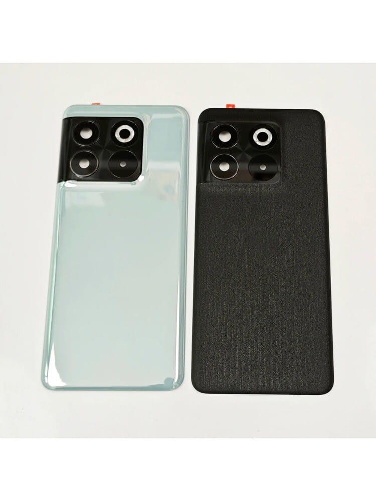 背面側から示された、半透明のライトブルーおよびマットブラックの2つのOnePlus 10T 5G用ガラス背面カバー交換品であり、4つのレンズを備えた正方形のカメラモジュールを特徴とします。