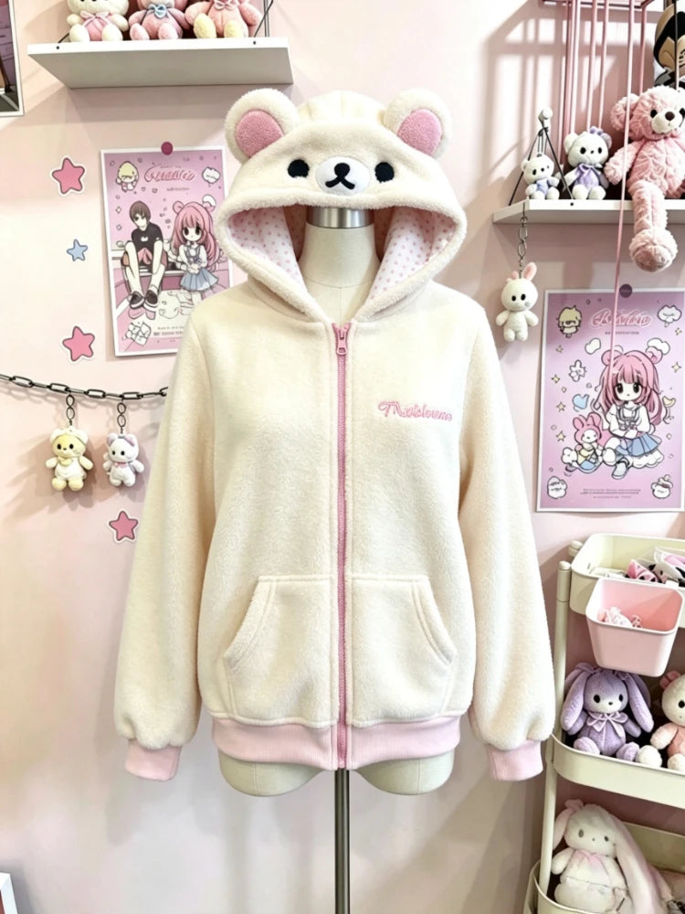 Japanese Sweet Kawaii Hoodies Jackets Women Bear Ear Hooded Zipper Sweatshirts Autumn Winter Fashion Casual Cute Hoodie Tops