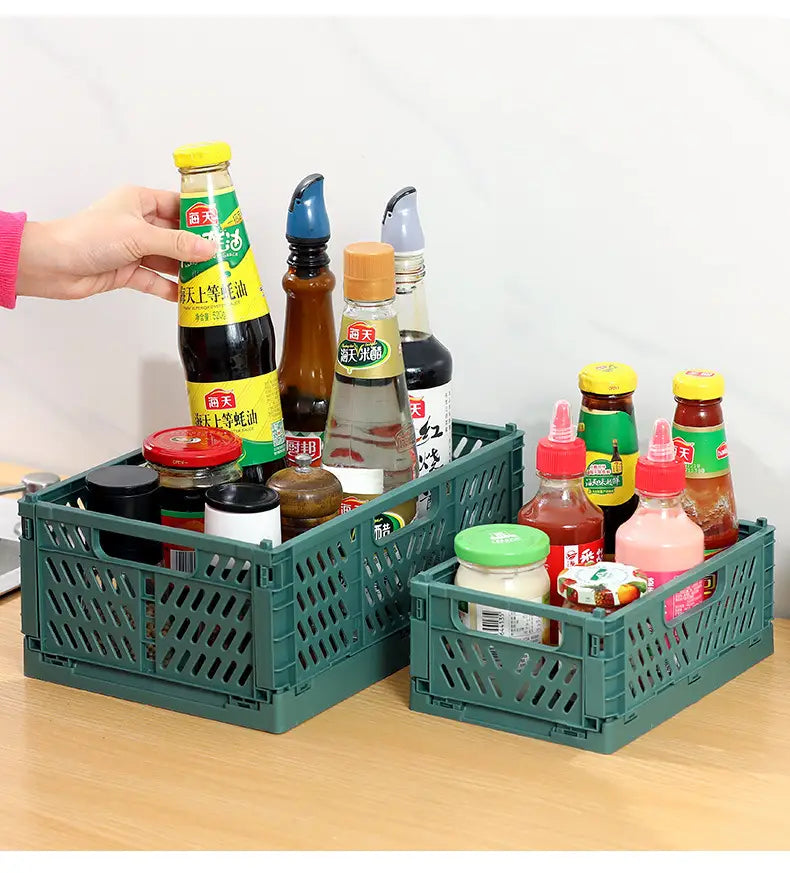 green plastic foldable storage basket with lattice design ideal for versatile storage solutions