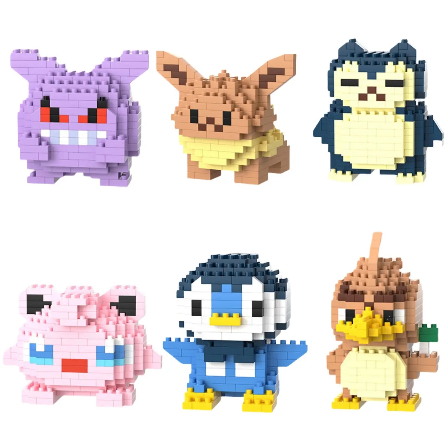 A collection of six colorful Pokémon characters crafted from pixelated micro building blocks in the Pokémon Micro Building Block Figures Set.