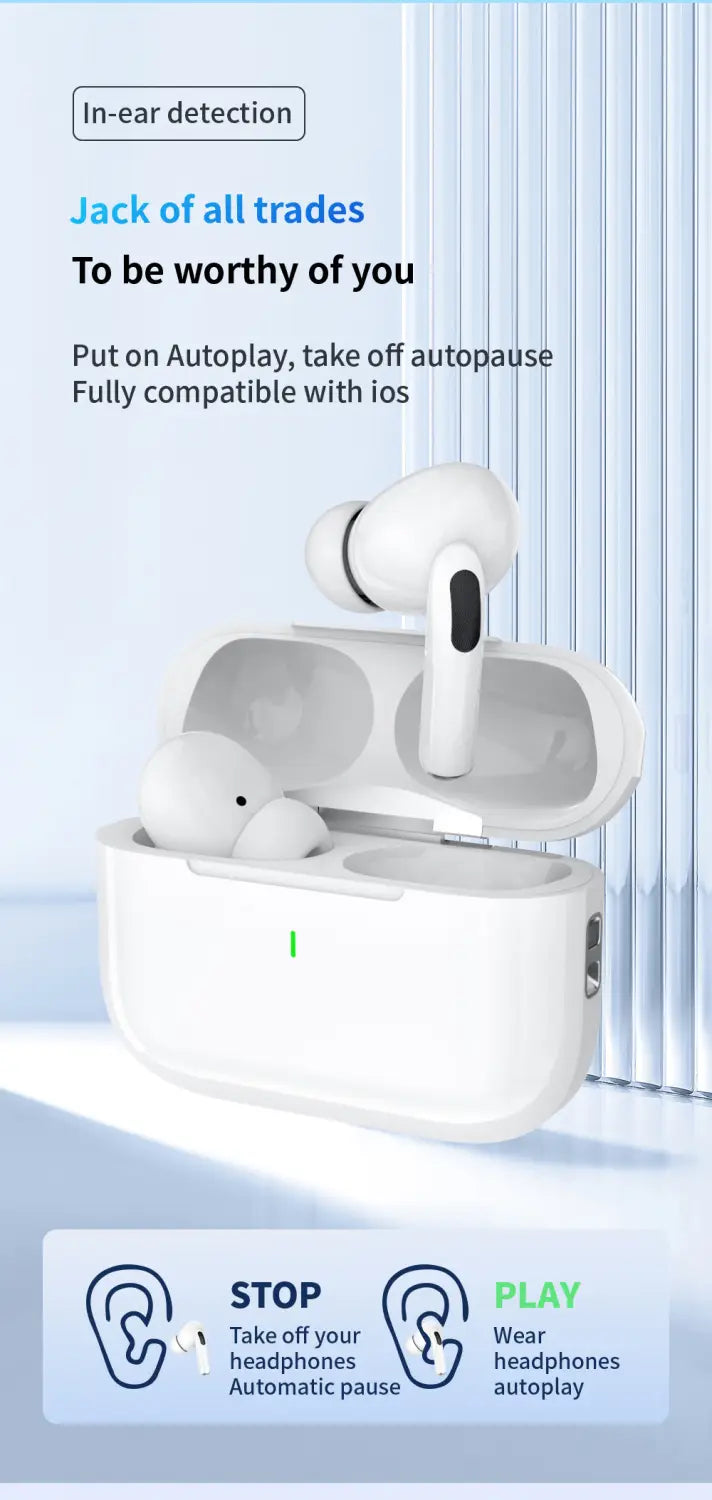 white true wireless bluetooth earphones with hifi noise reduction in a matching charging case featuring sleek minimalist design with smooth plastic surfaces and subtle black accents on the stems