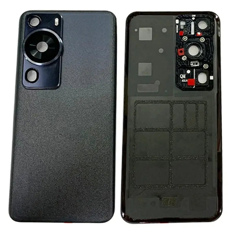 ファーウェイ P60 Pro 用交換用背面カバーガラス筐体として、複数のレンズおよび内蔵フラッシュを備えた円形カメラモジュールのある、ブラックの質感ある背面パネル。