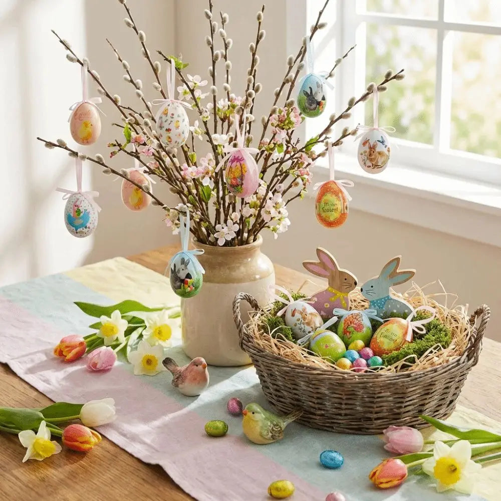ein geflochtener Weidenkorb gefüllt mit farbenfrohen bemalten Schaumstoff-Ostereiern, Moos und dekorativen Hasenfiguren für DIY-Bastelanhänger.