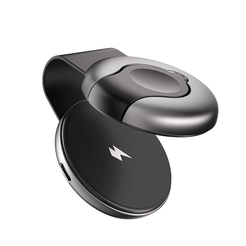 Foldable 3-in-1 magnetic wireless charger in black and silver with a sleek modern design and wireless charging clip.