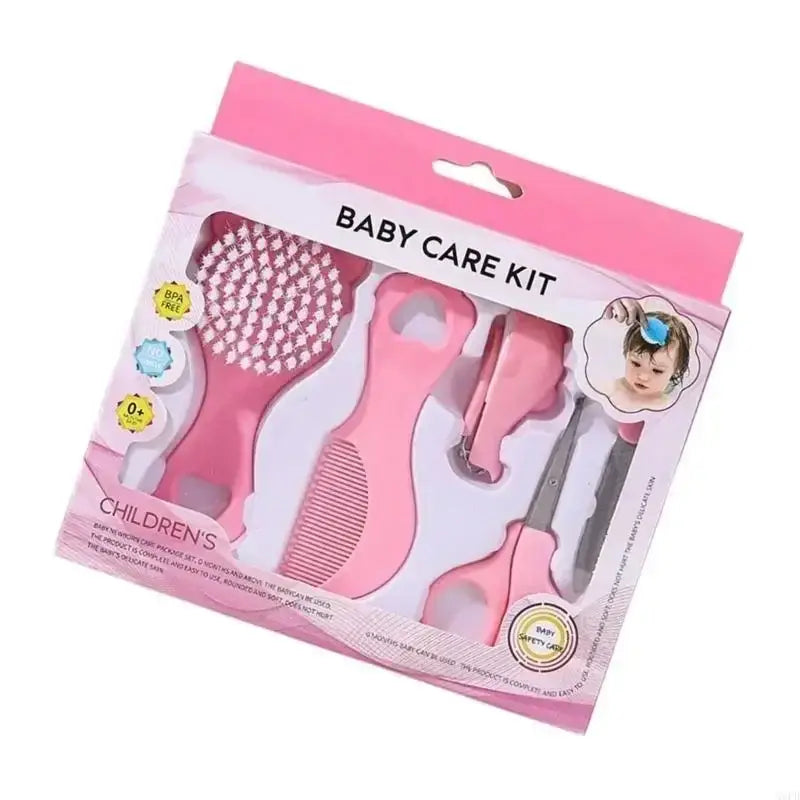 Rosa Baby-Pflegeset mit weichen Borsten, mit Bürste, Kamm, Nagelclipper und Schere in softem Rosakunststoff mit abgerundeten Kanten für die Säuglingspflege.