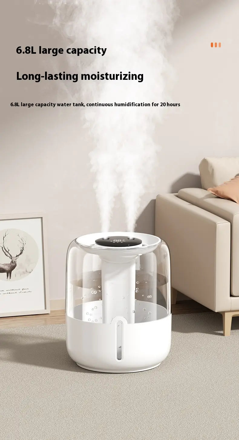 Humidificador de aire cilíndrico inteligente de doble niebla de 3,8 l en color blanco, con depósito de agua transparente y panel superior negro que emite niebla.