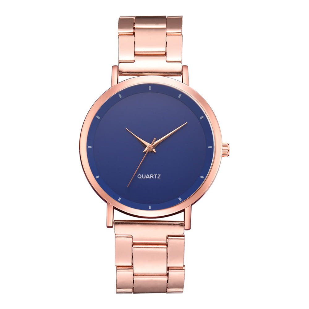 Rose gold women luxury watch quartz business wristwatch with stainless steel material and a deep blue minimalist dial.