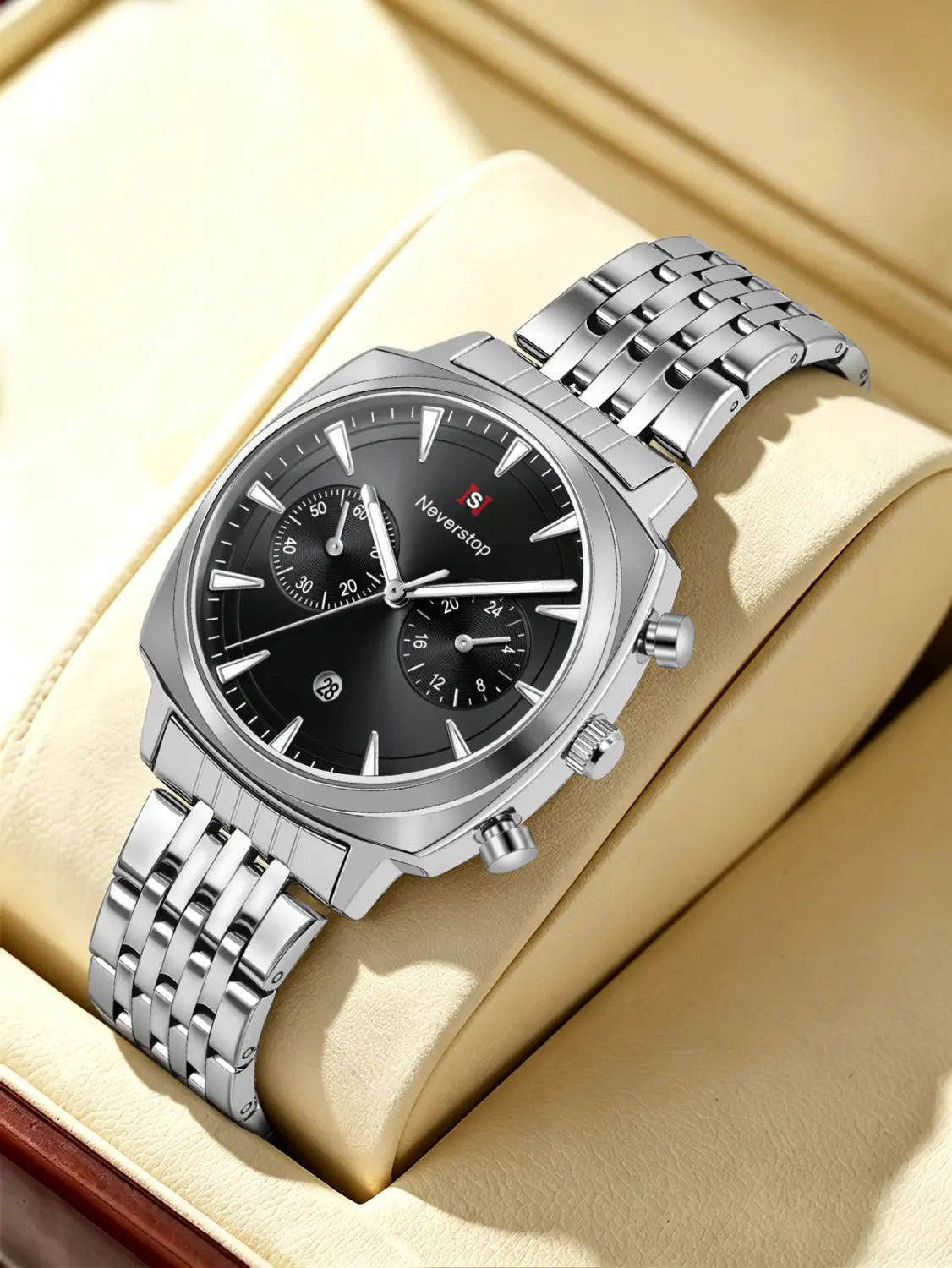 Men’s stainless steel chronograph watch in silver tone with a black dial, white hour markers and hands, featuring three subdials for timing functions.