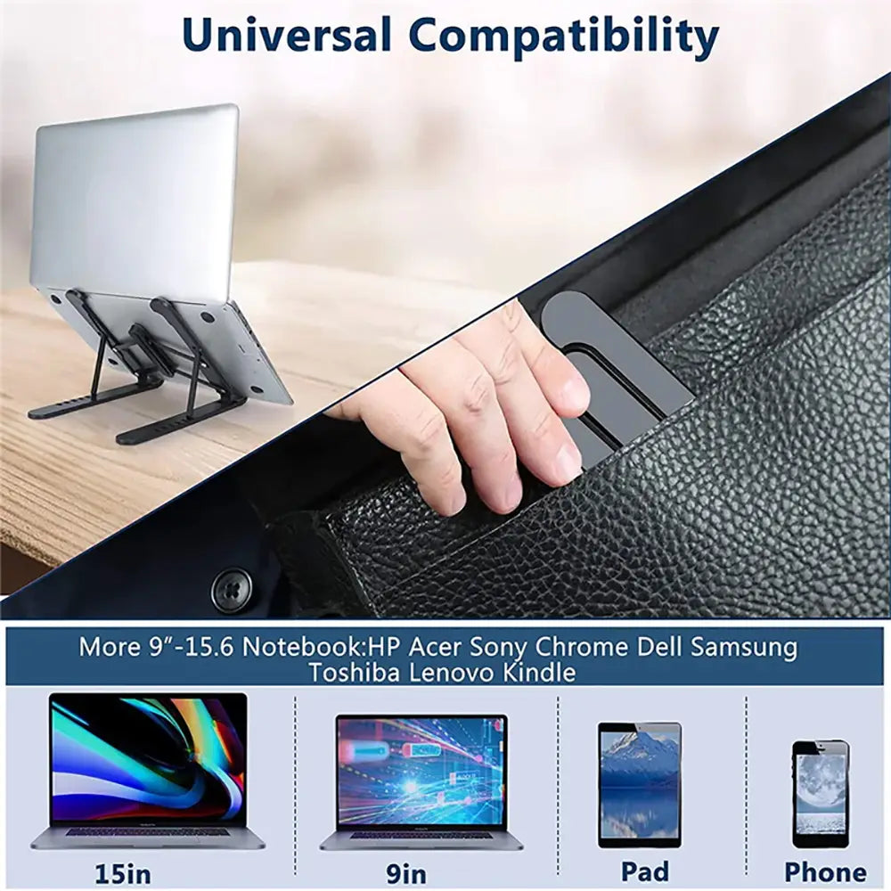 Support pour ordinateur portable pliable et réglable noir, à surface texturée, conçu pour une compatibilité universelle ergonomique adaptée à différentes tailles d’appareils.