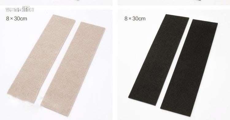 beige und schwarze strukturierte Filz-Möbelgleiter, 8 mal 30 Zentimeter, mit 5 Millimetern Dicke zum Fußbodenschutz