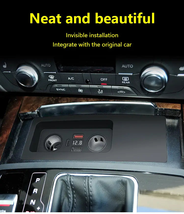 black usb charging pad with dual circular ports and central 12.8v output slot designed for seamless integration into the Audi A6 C7 Rs6 S7 Rs7 wireless car charger pad center console.