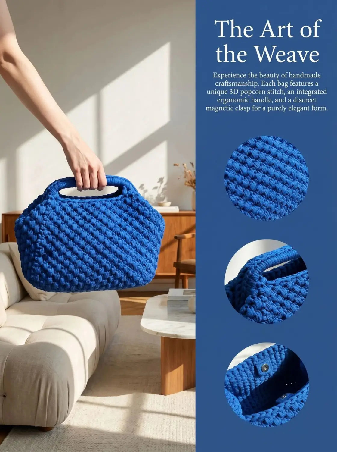 Eine lebendige königsblaue Häkel-Schultertasche mit einem strukturierten 3D-Popcorn-Stich, ergonomischem Tragegriff und unauffälligem Magnetverschluss, entworfen als geflochte Strandtasche bzw. Beach-Tote.