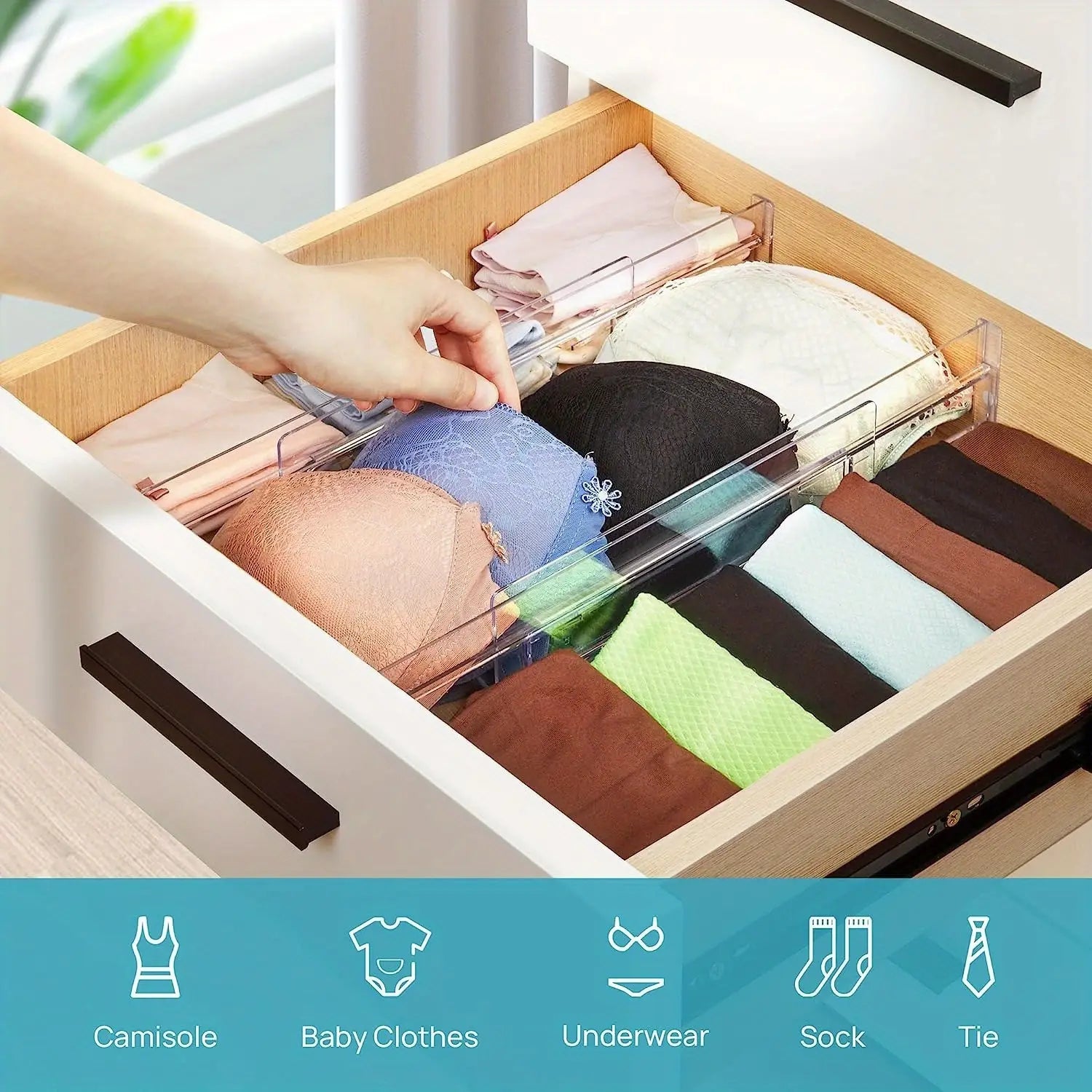 Clear plastic drawer dividers are clear acrylic organizers with multiple adjustable compartments for neatly storing bras underwear socks and ties.