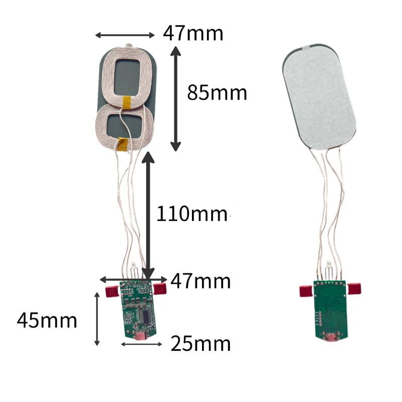 15w dual coil wireless charger pcba module showing a green circuit board base with two circular coils for efficient charging.
