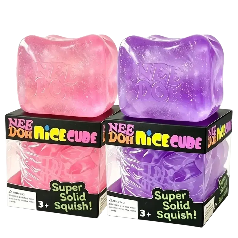Pink and purple translucent glittery needoh nice cube fidget toy shown from a front angle for stress relief purposes