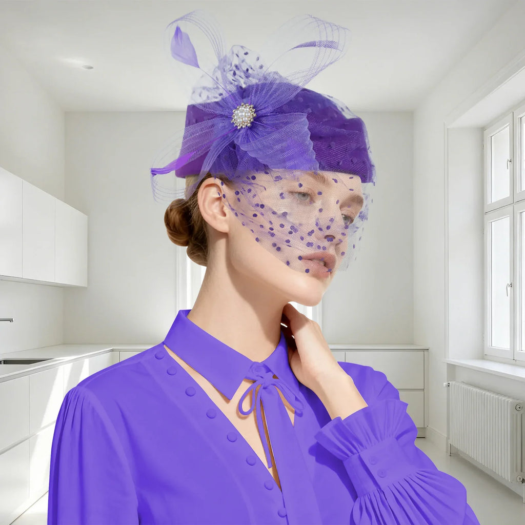 Women Bridal Fascinator with Feathers Dot Print Veil Elegant Pillbox Hats for Tea Party Wedding Church Fedoras Headscarf Bonnet