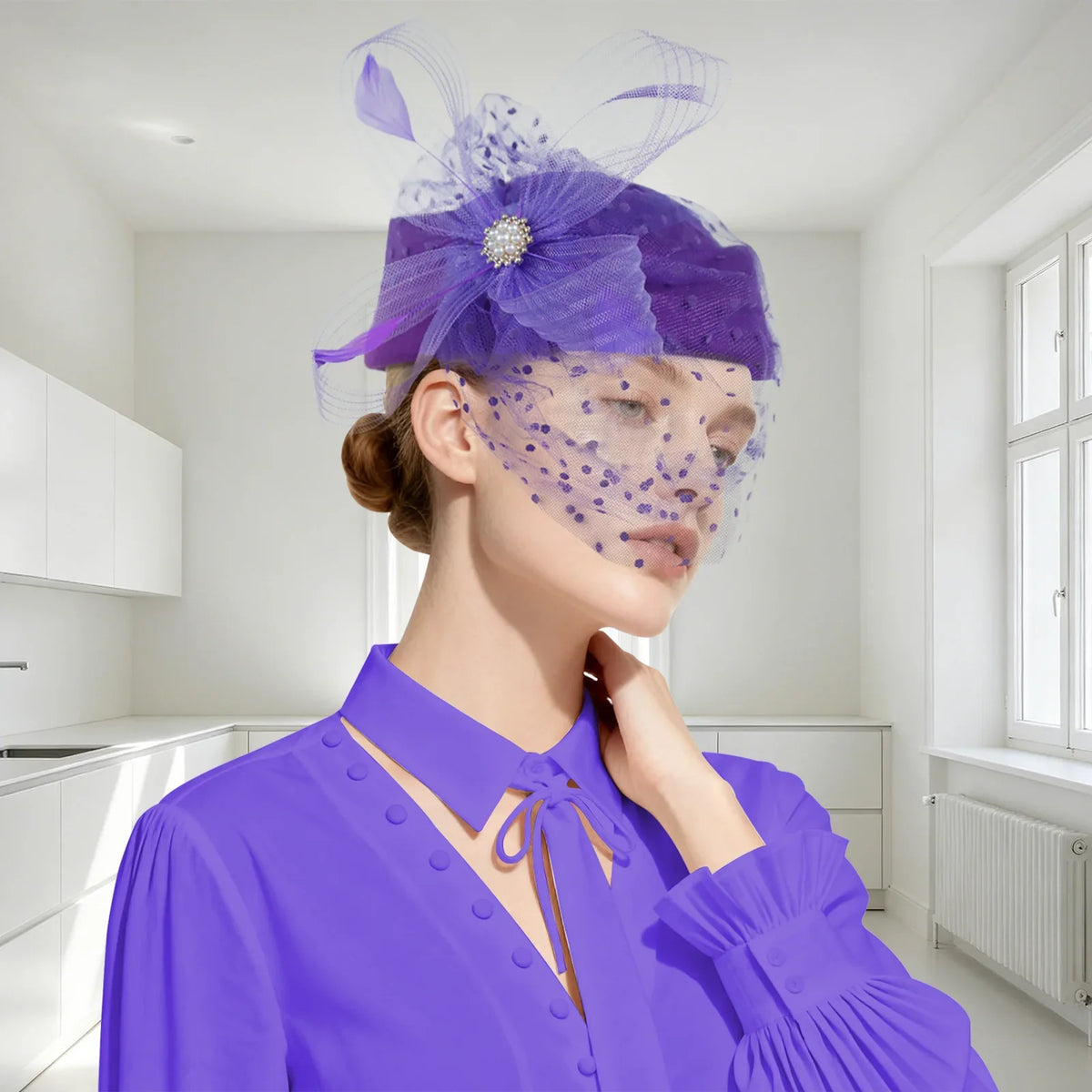 Women Bridal Fascinator with Feathers Dot Print Veil Elegant Pillbox Hats for Tea Party Wedding Church Fedoras Headscarf Bonnet