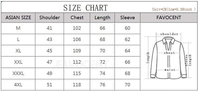Favocent size chart for a men brown cotton casual blazer slim fit suit jacket displaying long-sleeved shirt measurements in centimeters from size m to 4xl.