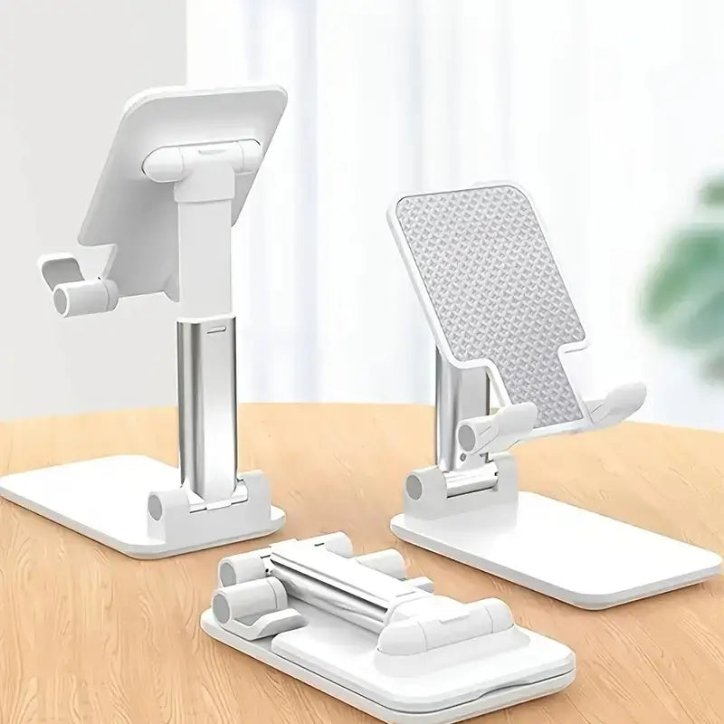 Support réglable pour téléphone de bureau et tablette, en blanc et en argent, avec un panneau arrière texturé, présenté depuis l’arrière