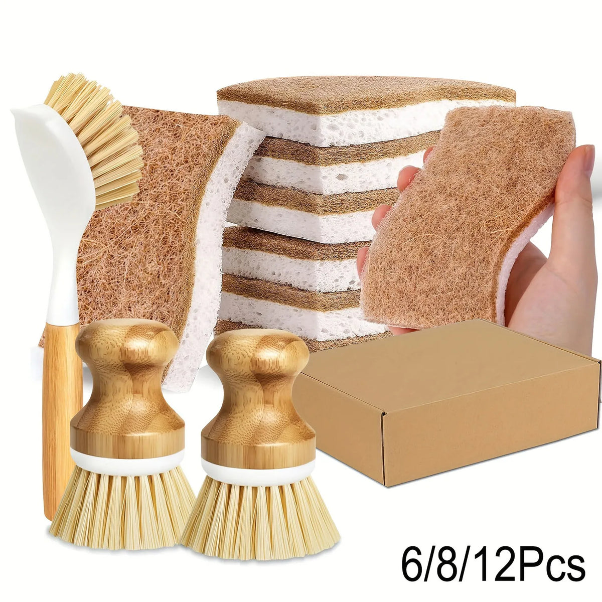 Kitchen Sponge Dish Brush, Bamboo Dish Brush, Bottle Brush, Wooden Palm Basin Brush, Cleaning Brush with Sisal Brushing