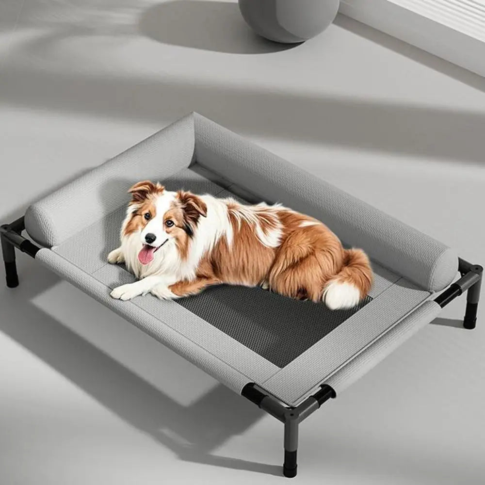 Elevated dog bed with breathable gray fabric, black metal frame, and padded edges for comfortable pet support.