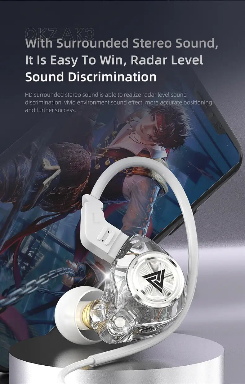 Écouteurs intra-auriculaires transparents avec crochet d’oreille blanc et boîtier circulaire de transducteur argenté, comportant un logo triangulaire noir provenant des écouteurs intra-auriculaires filaires Qkz AK3.