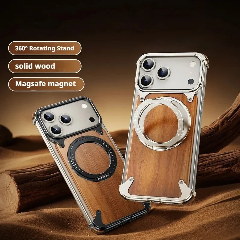Eary Magnetic Wooden Case for iPhone 18 17 Pro Max Air for MagSafe Wireless Chargers 360°Rotate Stand Aluminum Solid Wood Shells