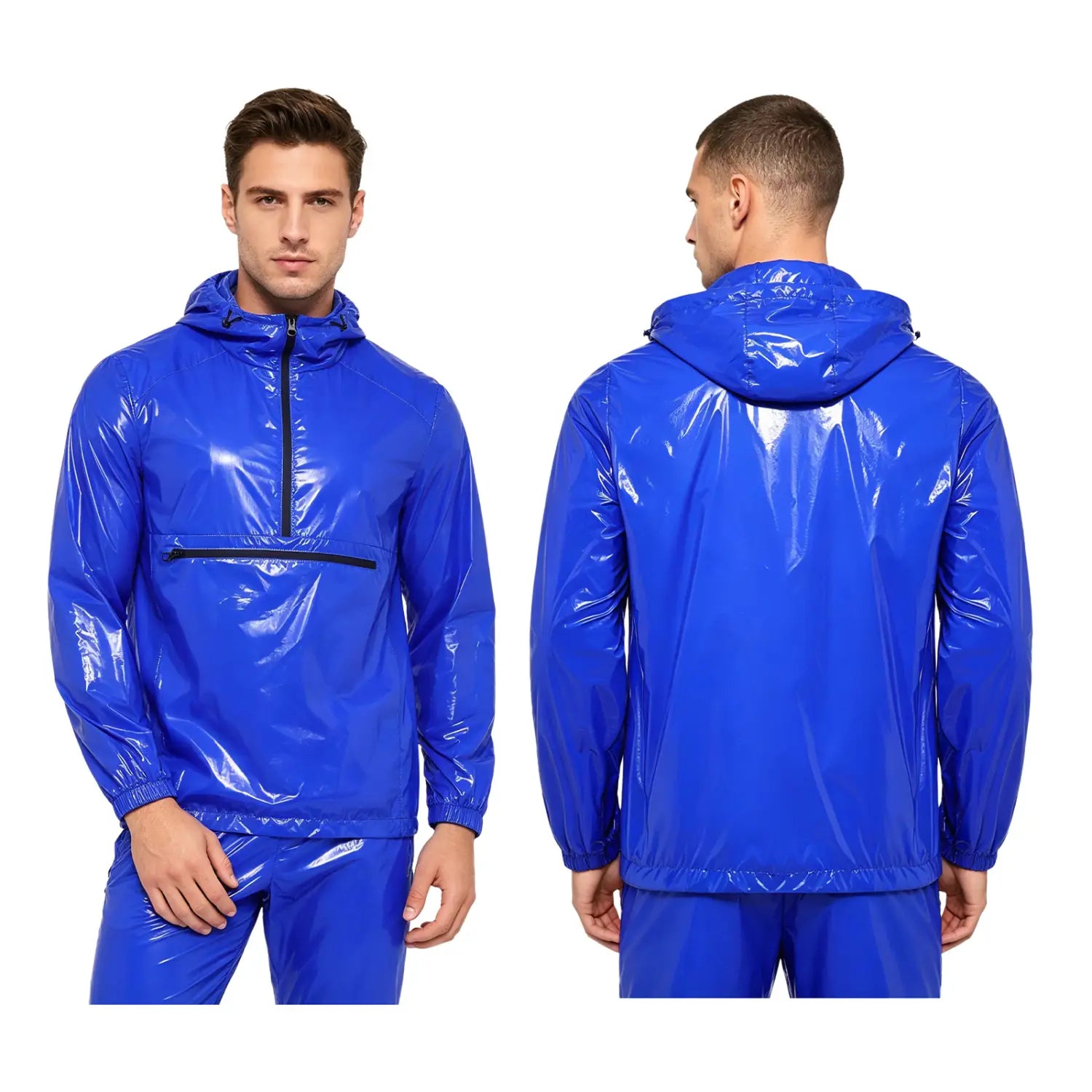Vibrant blue glossy nylon men waterproof hooded windbreaker jacket with black zipper accents.