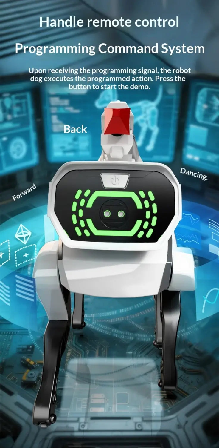 Interactive robotic dog toy with voice control featuring a white and red robotic dog with a glowing green LED display on its chest.